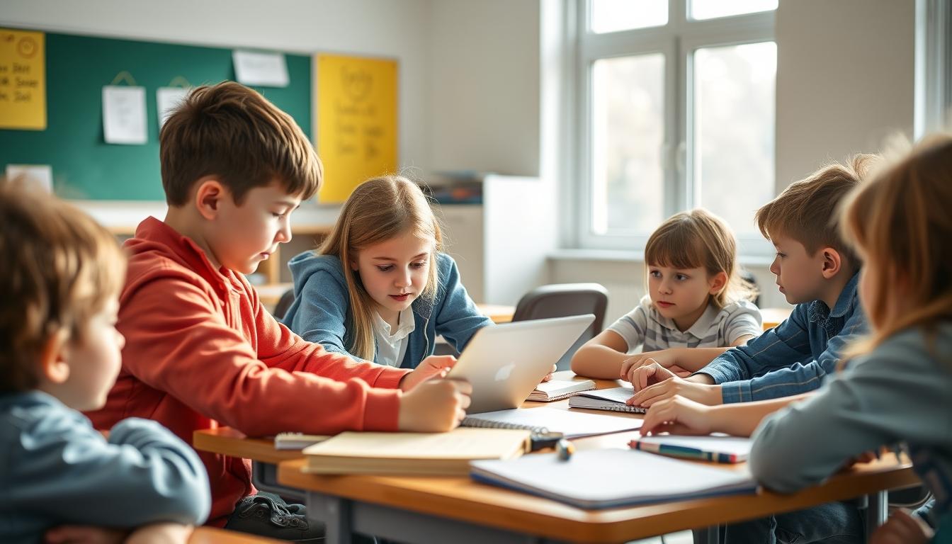 Students studying together in modern classroom